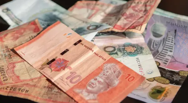 Różne banknoty, w tym 10 ringgitów z Malezji. Ciekawe, rm jaka to waluta?
