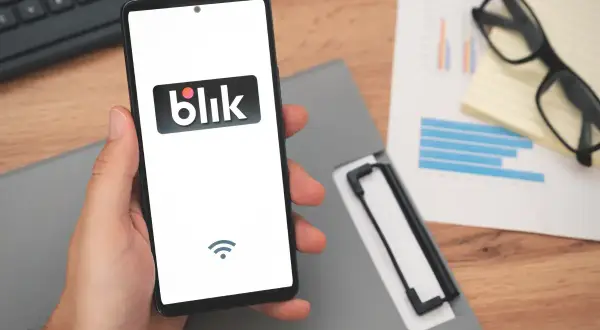 Dłoń trzyma smartfon z logo Blik, sugerując szybki zarobek. Na biurku leżą dokumenty i okulary.