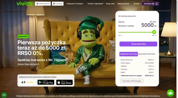 Mr. Hajsem zaprasza po pozyczki jak Vivus do 5000 zł RRSO 0%. Sprawdź ofertę na pierwszej pożyczce.