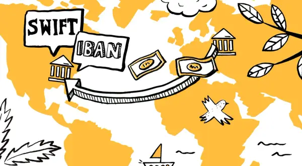 SWIFT i IBAN na mapie świata, symbolizujące międzynarodowe przelewy. Pieniądze płyną między bankami, a ptak i żaglówka sugerują globalną podróż.