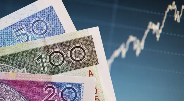 Polskie banknoty 20, 50, 100 zł na tle wykresu giełdowego. Dowiedz się, co to bankowy fundusz gwarancyjny.