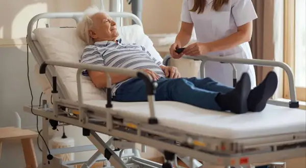 Starszy pan odpoczywa na łóżku rehabilitacyjnym. Dowiedz się, jakie jest dofinansowanie do łóżka rehabilitacyjnego, by zapewnić komfort bliskim.