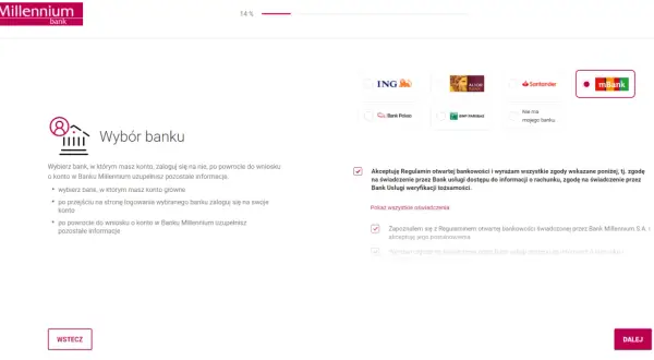 Wybór banku, zaznaczony mBank. Proces weryfikacji tożsamości w ramach millenium 360.