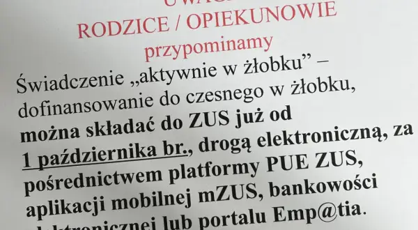 Dofinansowanie do żłobka można składać do ZUS już od 1 października br. drogą elektroniczną.