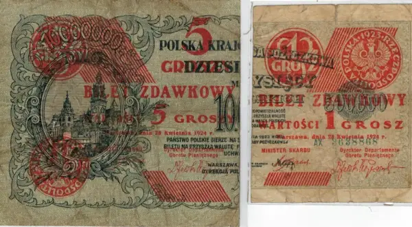 Banknoty z 1924 roku, przedstawiające grosze, były walutą w Polsce przed złotym.