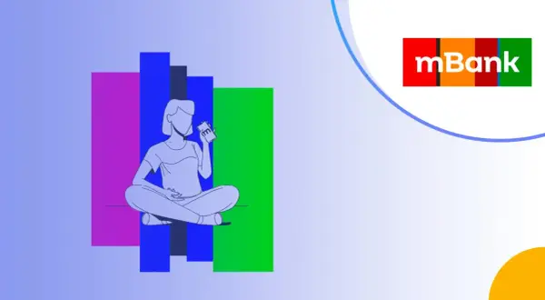 Osoba z telefonem na tle kolorowych prostokątów. Logo mBank. Gdzie wypłacić pieniądze? Sprawdź w aplikacji!