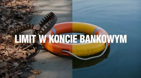 Pułapka na zwierzęta i koło ratunkowe symbolizują ryzyko i ratunek w kontekście limitu debetowego.
