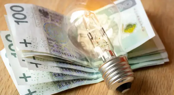 Żarówka na stosie banknotów 100 zł. Zastanawiasz się, jak dostać dofinansowanie do prądu?