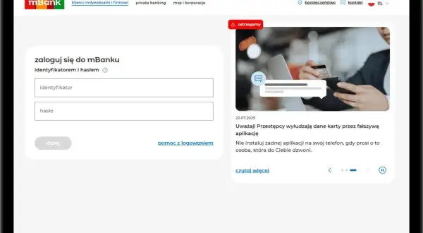 Ekran logowania do mBanku. Formularz do wpisania identyfikatora i hasła. Dowiedz się, jak zmienić identyfikator mBank.