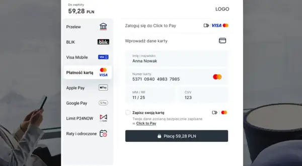 Zaloguj się do Click to Pay, aby zapłacić 59,28 PLN kartą Visa Anny Nowak.