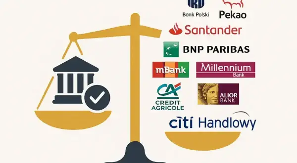 Waga symbolizująca wybór najlepszego banku w Polsce, z logotypami znanych instytucji finansowych.