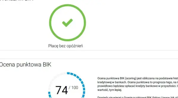 Wskaźnik BIK: zielony znaczek potwierdza, że płacę bez opóźnień. Ocena punktowa BIK to 74/100.