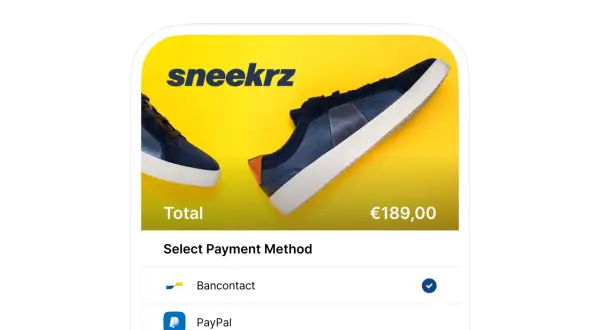 Ekran płatności za buty Sneekrz. Wybierz metodę płatności: Bancontact (zaznaczone) lub PayPal.