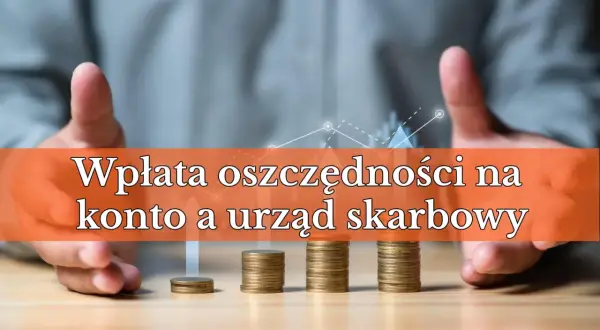 Dłonie otaczają stosy monet, symbolizując wpłatę gotówki na własne konto i jej związek z urzędem skarbowym.