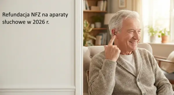 Uśmiechnięty starszy pan z aparatem słuchowym. Dowiedz się, ile wynosi dofinansowanie do aparatu słuchowego z NFZ w 2026 roku.