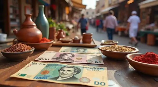 Na stole leżą banknoty, które mogą być odpowiedzią na pytanie, jaka waluta w Tunezji. Obok przyprawy i naczynia.