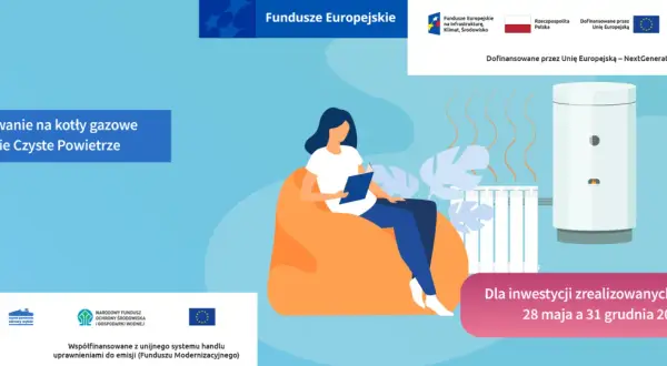 Dowiedz się, jak uzyskać dofinansowanie do ogrzewania gazowego w programie Czyste Powietrze. Ilustracja przedstawia kobietę czytającą książkę obok nowoczesnego kotła gazowego.