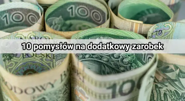 Zwijane polskie banknoty stuzłotowe, z tekstem "10 pomysłów na dodatkowy zarobek".