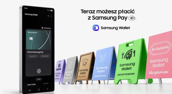 Telefon z aplikacją Samsung Wallet i kartą Samsung Pay. Wiele szyldów sklepów z napisem "Samsung Wallet Akceptowane".