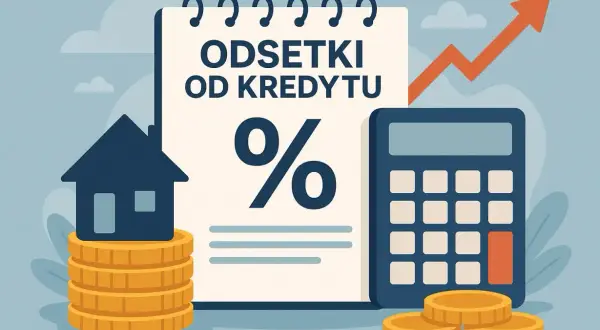 Ilustracja pokazuje jak obliczyć odsetki od pożyczki. Widzimy kalkulator, procent, dom na monetach i rosnący wykres.