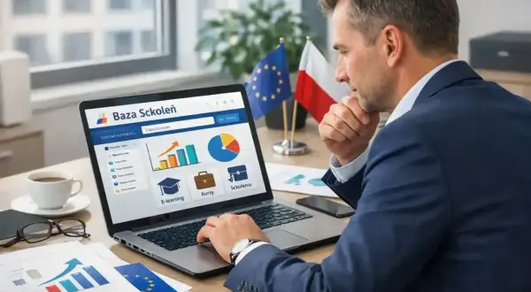 Mężczyzna analizuje na laptopie bazę usług rozwojowych, szukając informacji, jak uzyskać dofinansowanie na szkolenia.