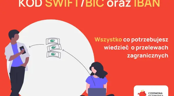 Grafika ilustruje przelewy zagraniczne. Widoczny jest kod IBAN, mężczyzna z telefonem i pieniądze.