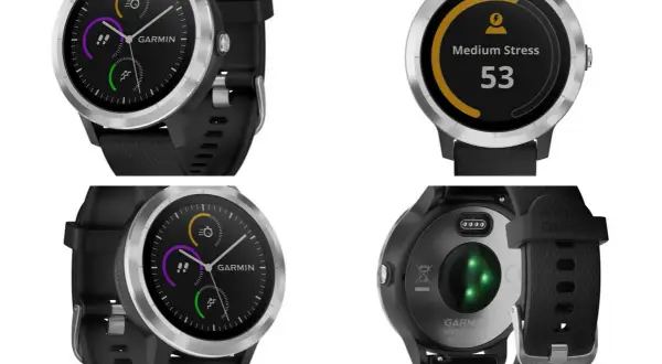 Zegarek Garmin z funkcją Garmin Pay, pokazujący poziom stresu i aktywność.