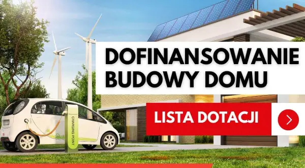 Nowoczesny dom z panelami słonecznymi, samochodem elektrycznym przy ładowarce i turbinami wiatrowymi.