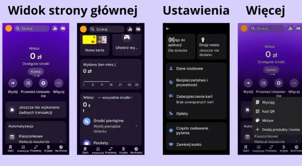 Ekran aplikacji z opcjami dla rodziców i dzieci, w tym zarządzanie kieszonkowym. Revolut kids to funkcja ułatwiająca kontrolę wydatków.