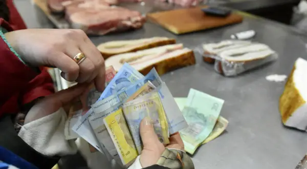 Ręce trzymają stos banknotów. Widać napisy "Національний банк України". To ukraińska waluta, hrywna, używana do zakupu mięsa na targu.