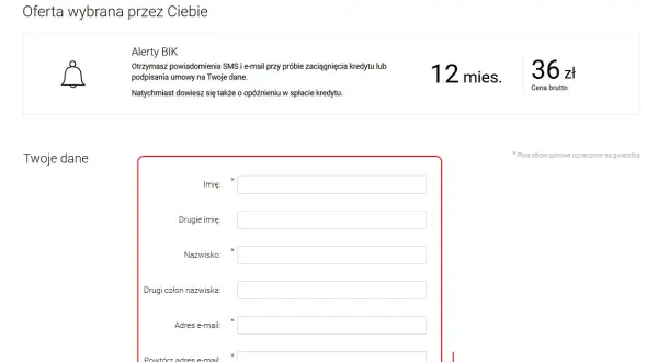 Formularz z danymi osobowymi, gdzie można sprawdzić, czy alerty BIK jest bezpieczny. Wypełniasz imię, nazwisko, adres e-mail i numer telefonu.