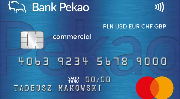 Karta Bank Pekao z danymi Tadeusza Makowskiego. W razie potrzeby, jak zablokować kartę Pekao, skontaktuj się z bankiem.