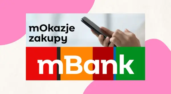 mBank API co to jest? Dwie ręce trzymają smartfon, na ekranie napis "mOkazje zakupy", poniżej logo mBank.