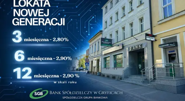 Lokaty co to? SGB Gryfice oferuje lokaty 3, 6 i 12 miesięczne z oprocentowaniem 2,80% i 2,90%. Bank zlokalizowany przy ul. Plac Zwycięstwa 5.