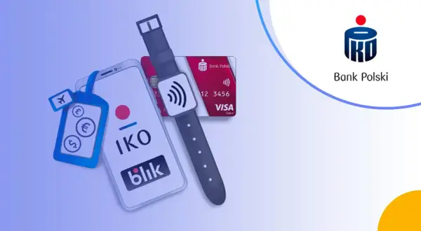 PKO Konto za zero: smartfon, karta Visa i smartwatch z symbolem płatności zbliżeniowych. Wygodne płatności mobilne.