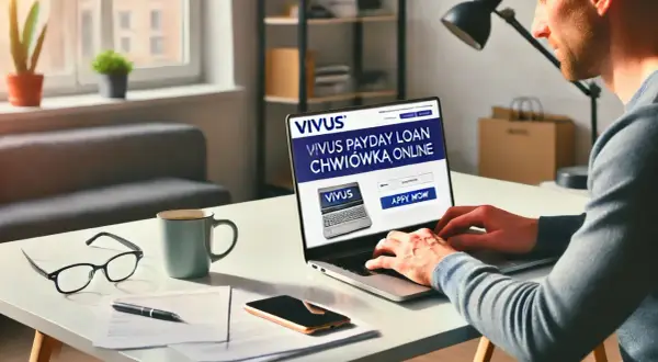 Mężczyzna pracuje przy laptopie, na którym wyświetla się strona Vivus. Czy to bezpieczne? Na biurku leżą okulary, telefon i kubek kawy.