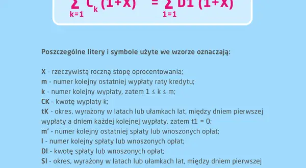 Wzór do obliczenia oprocentowania kredytu w skali roku. Wyjaśnienie symboli: X - stopa oprocentowania, Ck - kwota wypłaty, D1 - kwota spłaty.