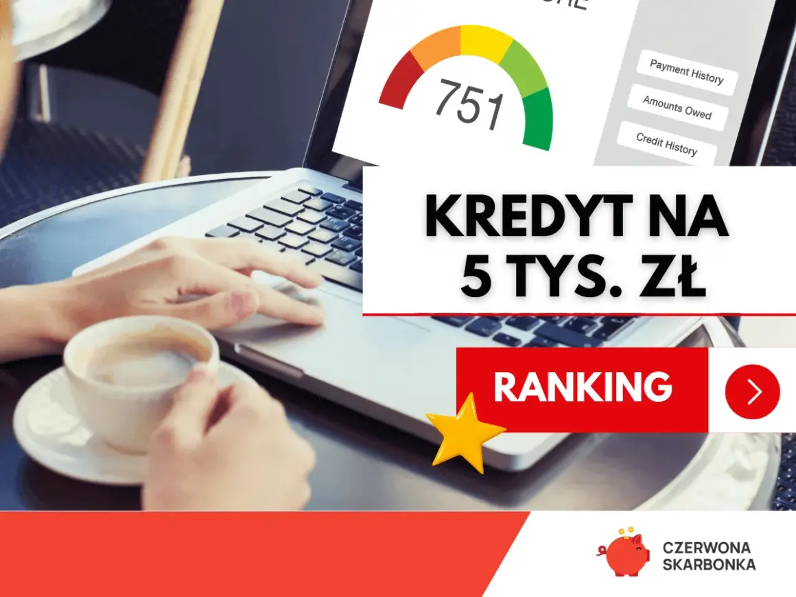 Kobieta pracuje na laptopie, obok filiżanka kawy. Na ekranie widać wskaźnik oceny kredytowej i napis "Kredyt na 5 tys. zł".