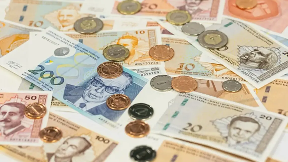 Banknoty i monety Bośni i Hercegowiny: 200, 50, 20, 10 BAM oraz monety.