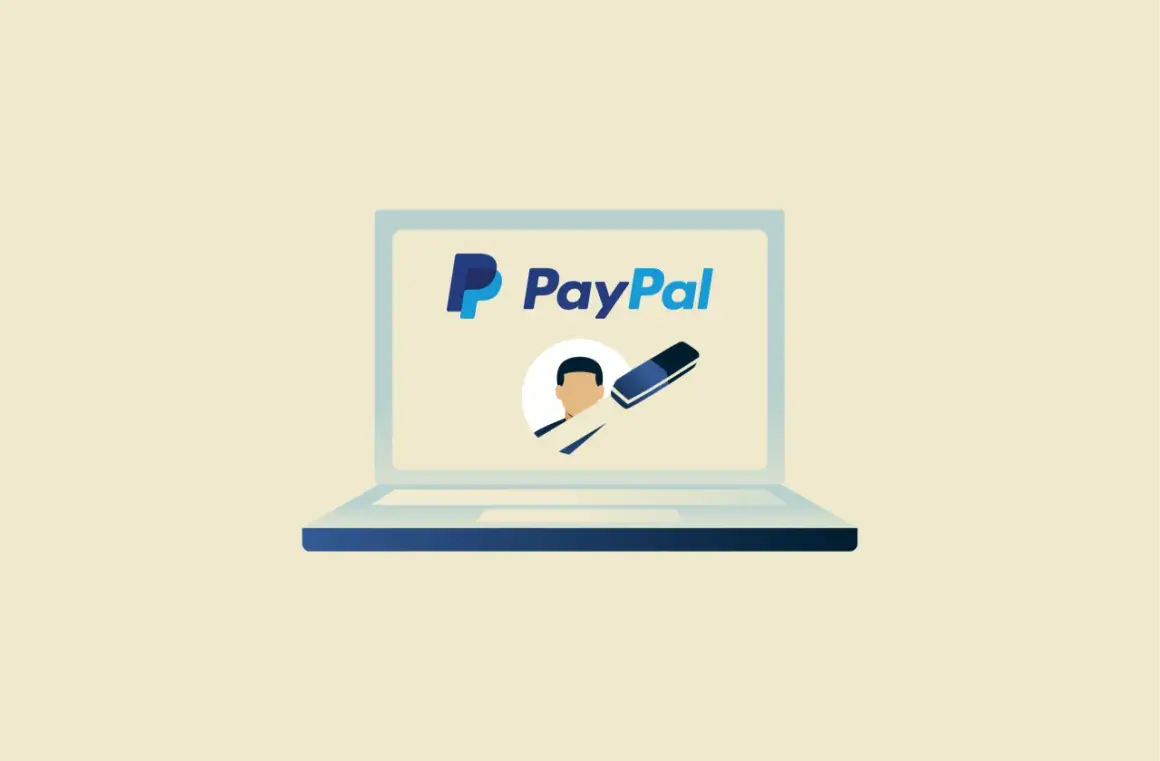 Ilustracja przedstawia laptop z logo PayPal. Obok profilu użytkownika znajduje się gumka, symbolizująca łatwość, jak przelać pieniądze na PayPal.