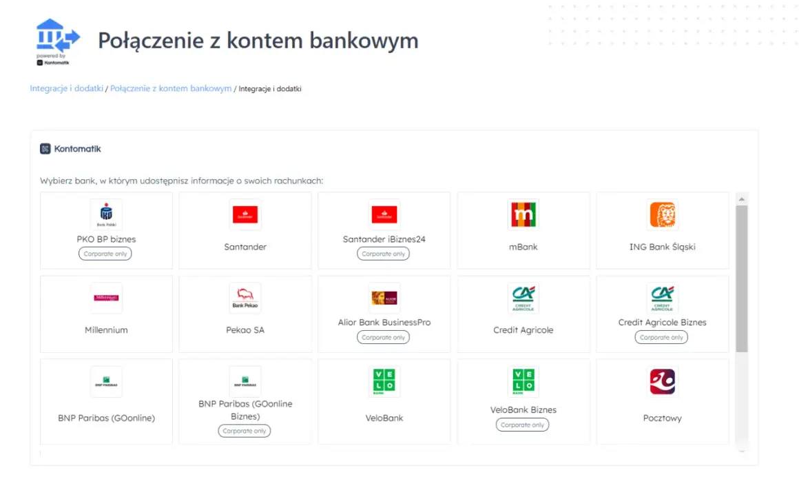 Siatka z logo banków do połączenia z Kontomatikiem: PKO BP, Santander, mBank, ING, Millennium, Pekao, Alior, Credit Agricole, BNP Paribas, VeloBank, Pocztowy.