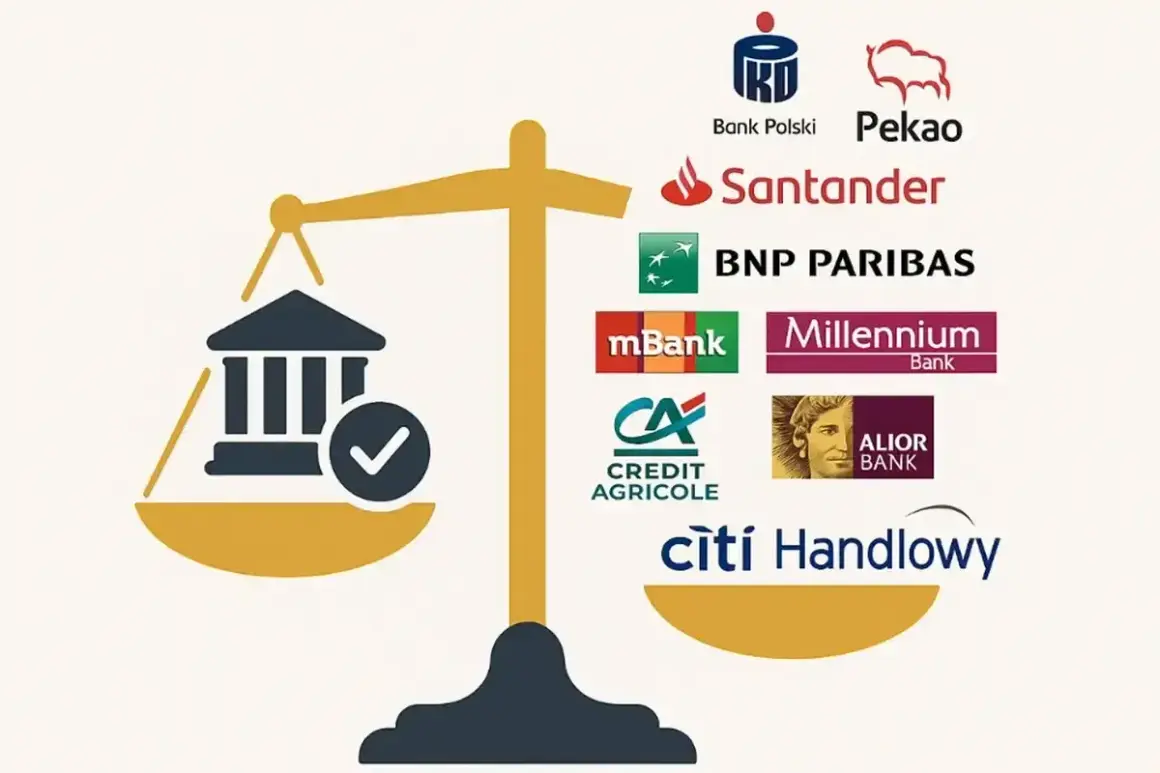 Waga symbolizująca wybór najlepszego banku w Polsce, z logotypami znanych instytucji finansowych.