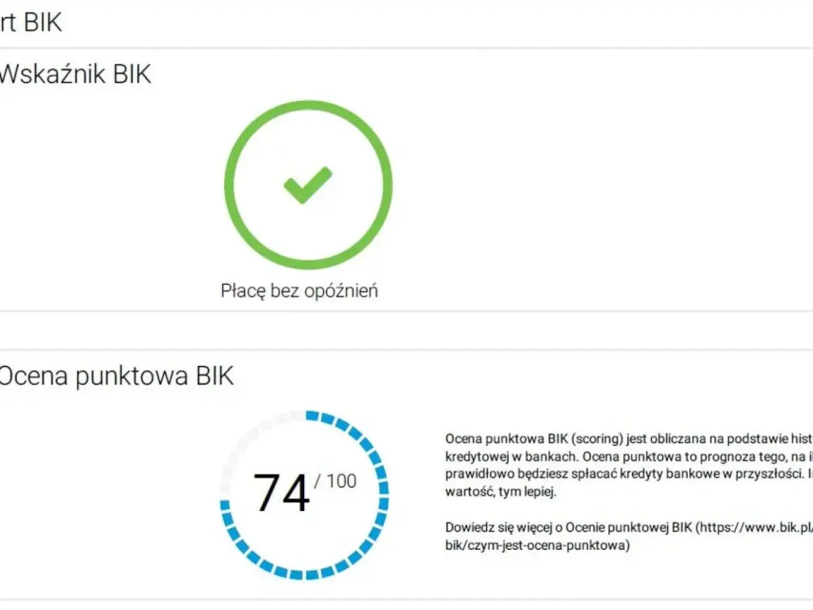 Wskaźnik BIK: zielony znaczek potwierdza, że płacę bez opóźnień. Ocena punktowa BIK to 74/100.