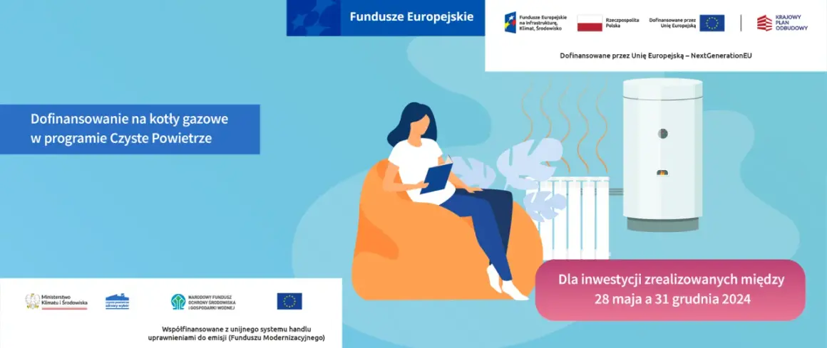 Dowiedz się, jak uzyskać dofinansowanie do ogrzewania gazowego w programie Czyste Powietrze. Ilustracja przedstawia kobietę czytającą książkę obok nowoczesnego kotła gazowego.