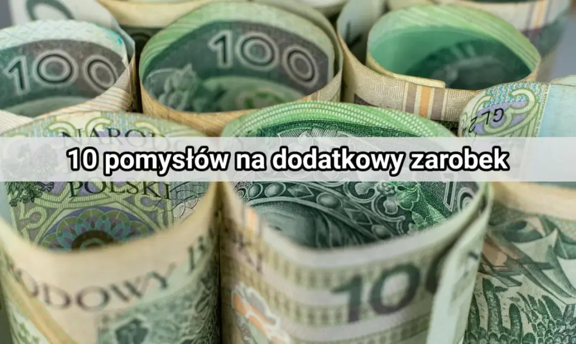 Zwijane polskie banknoty stuzłotowe, z tekstem "10 pomysłów na dodatkowy zarobek".
