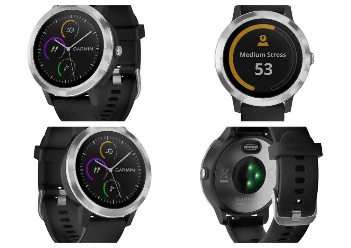 Zegarek Garmin z funkcją Garmin Pay, pokazujący poziom stresu i aktywność.