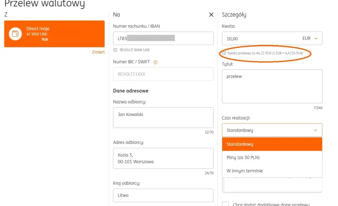 Formularz przelewu walutowego z PLN na EUR. Kwota przelewu to 44,72 PLN.