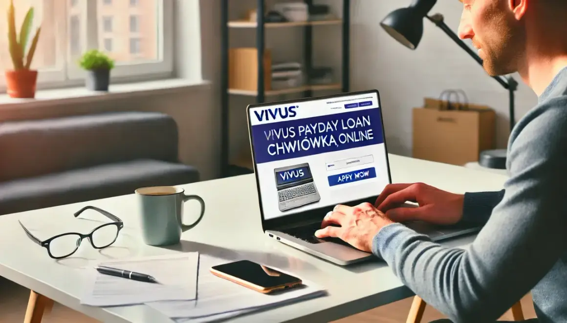Mężczyzna pracuje przy laptopie, na którym wyświetla się strona Vivus. Czy to bezpieczne? Na biurku leżą okulary, telefon i kubek kawy.