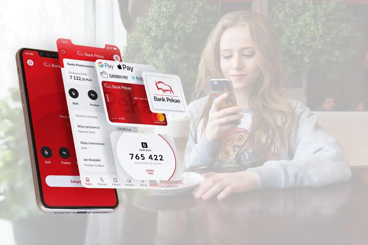Młoda dziewczyna korzysta z aplikacji Bank Pekao na telefonie. Widoczne opcje to pko konto dla młodych 13-18, płatności BLIK i Google Pay.