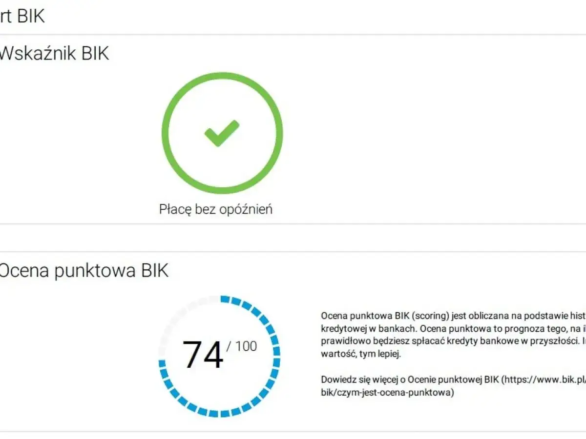 Wskaźnik BIK: zielony znaczek potwierdza, że płacę bez opóźnień. Ocena punktowa BIK to 74/100.